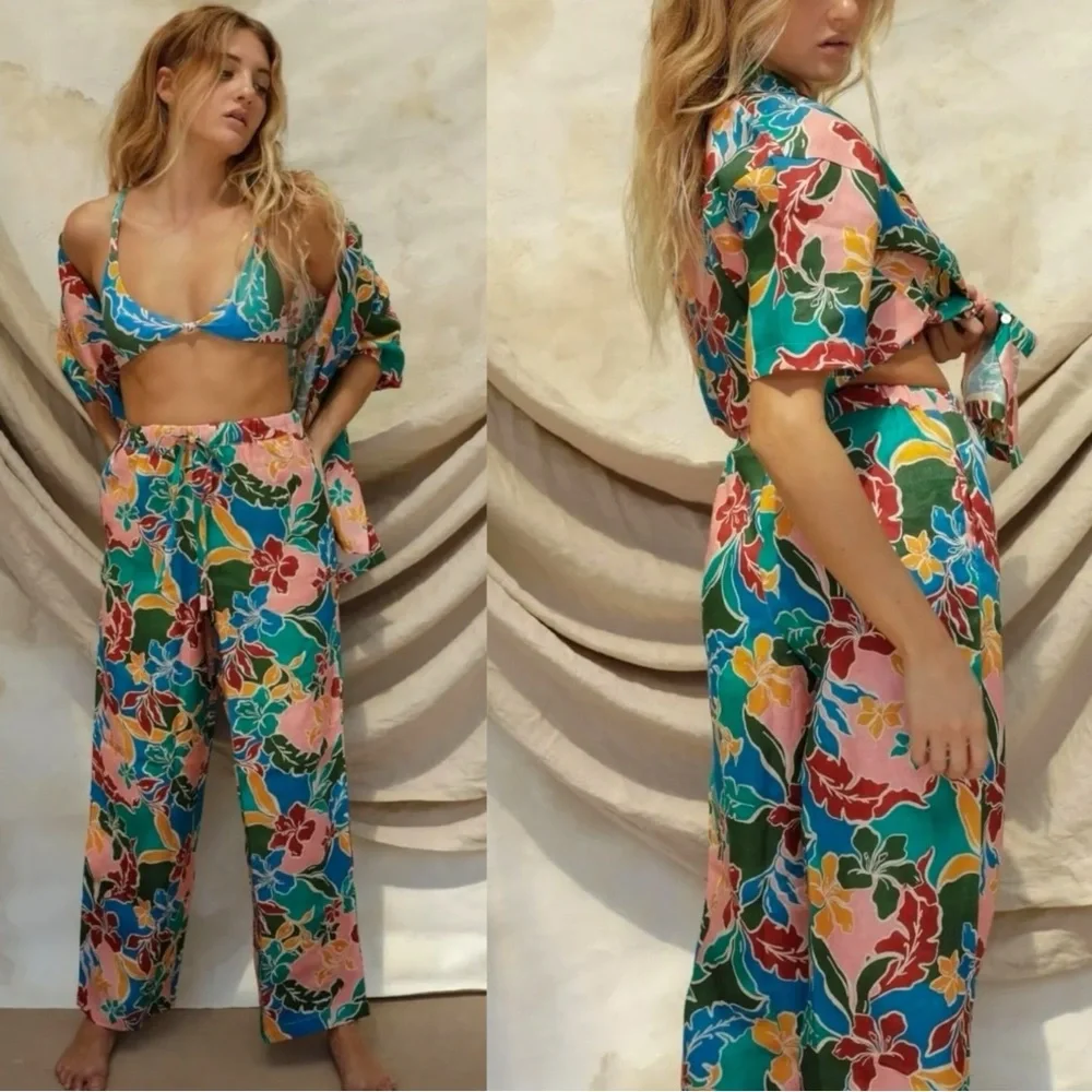 Stone Fox Swim X Free People Gita Linen Pants in Fiesta Floral XS Wide Leg NEW